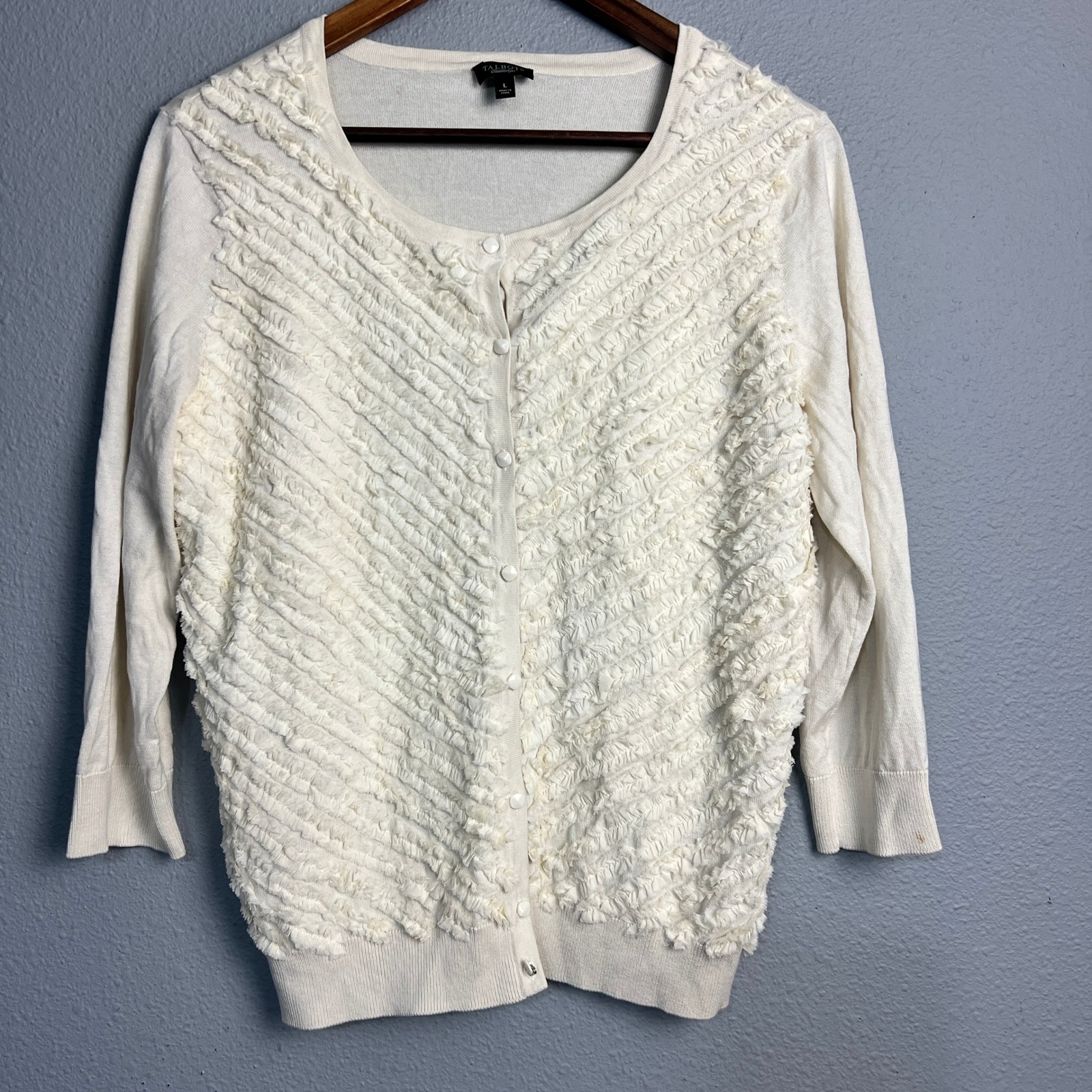 Talbots Ruffle Cardigan Silk Blend Button Front Sweater Top Cream L
